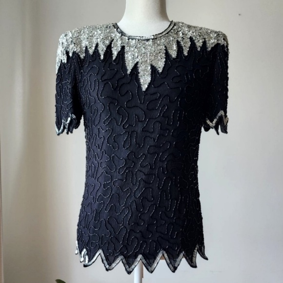 Vintage Laurence Kazar Beaded Sequin Embellished Silk Black&Silver Party Top,M/L - Picture 2 of 9